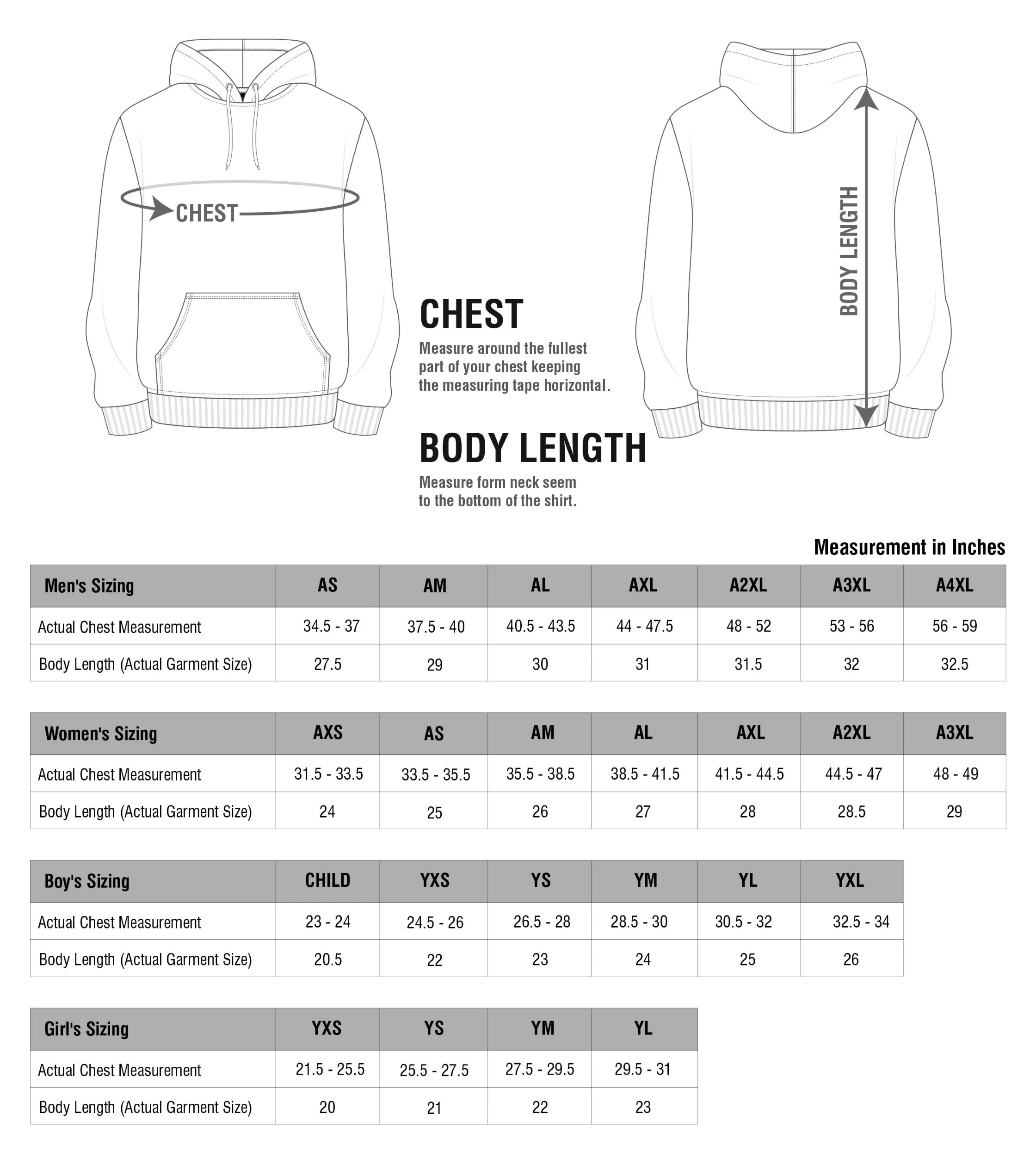img Size Chart Apparel Performance Hoodies