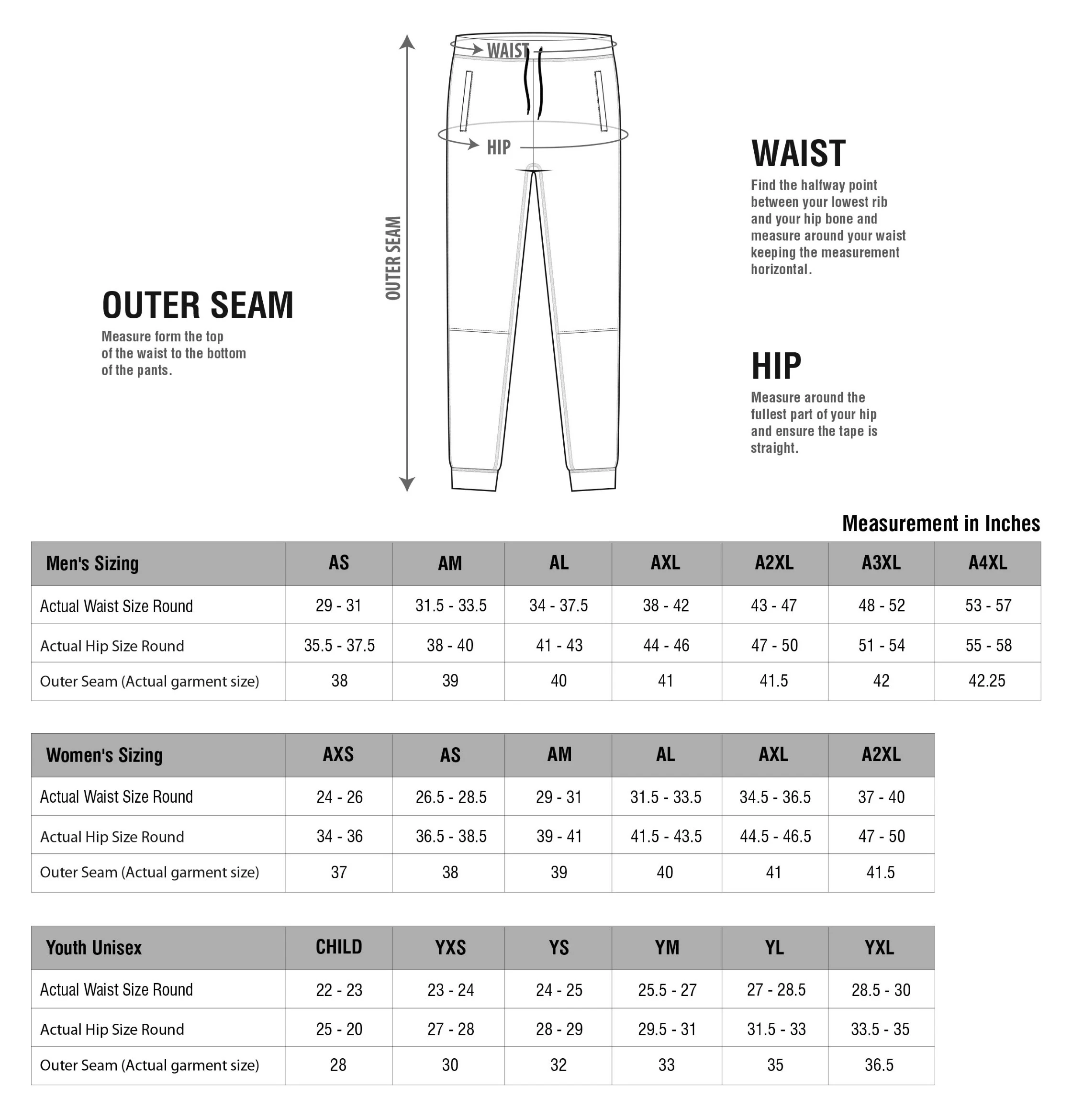 img Size Chart Apparel Performance Joggers