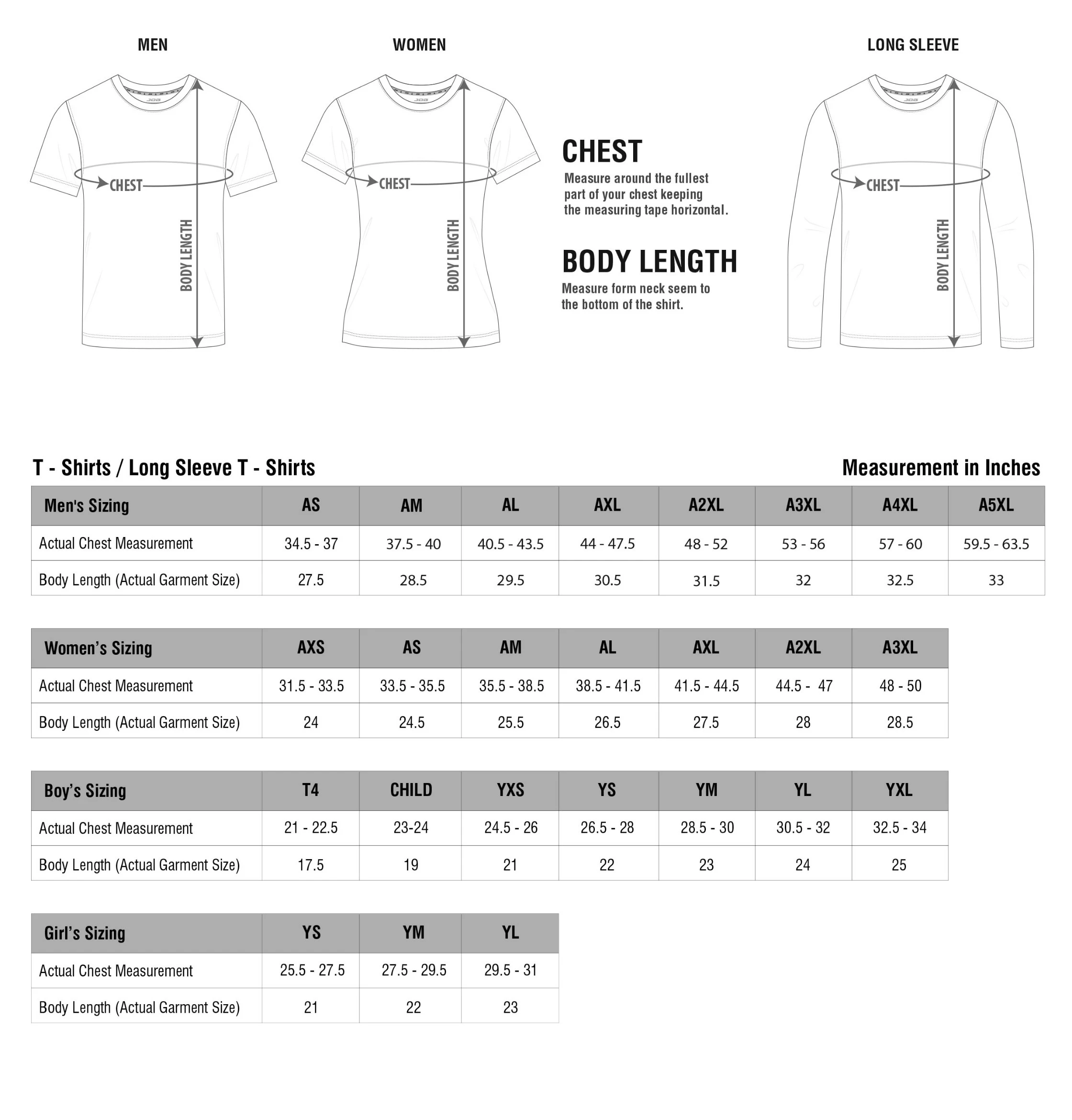 img Size Chart Apparel Performance Shirts