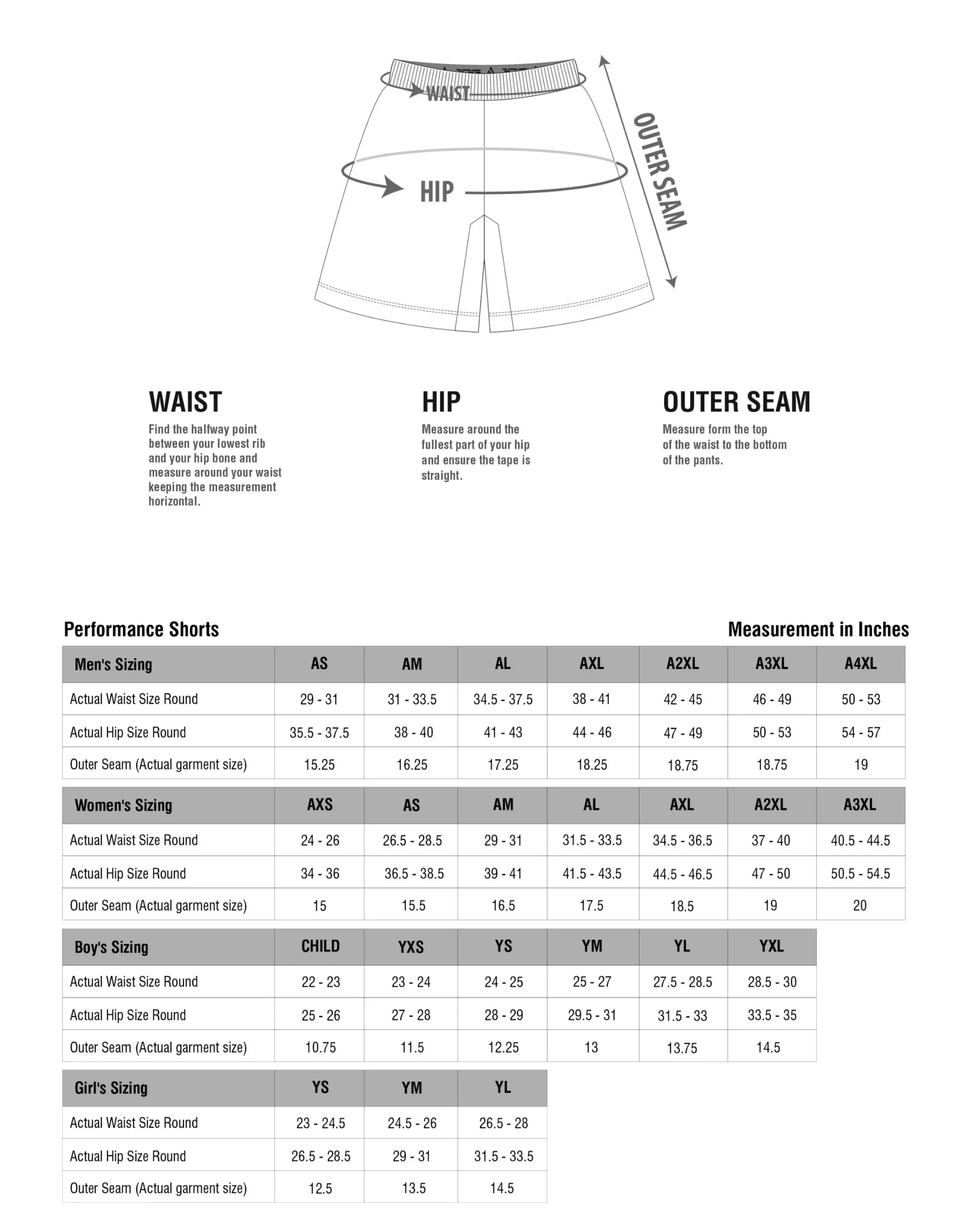 img Size Chart Apparel Performance Shorts