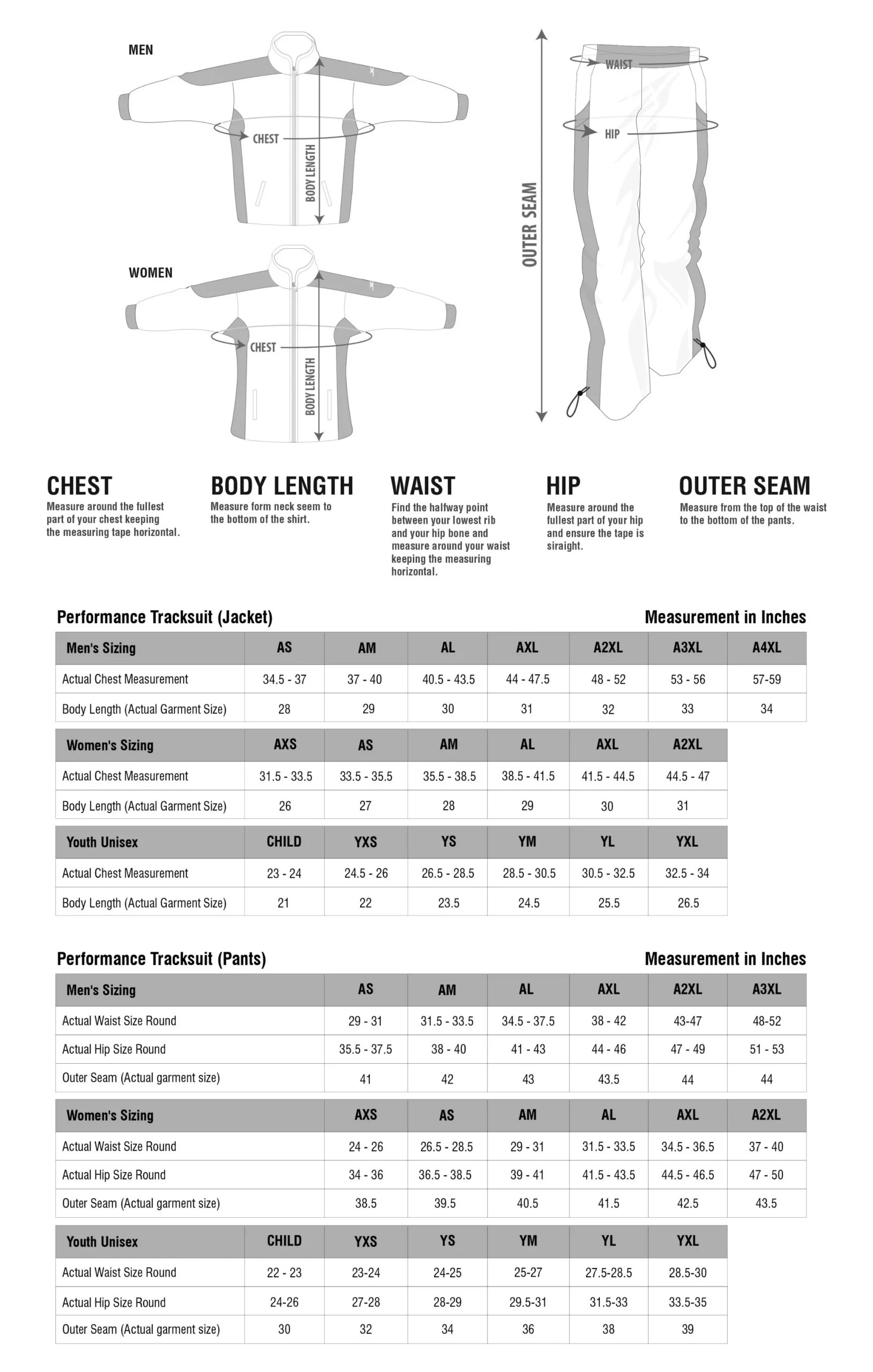 img Size Chart Apparel Performance Tracksuit Jacket Pants