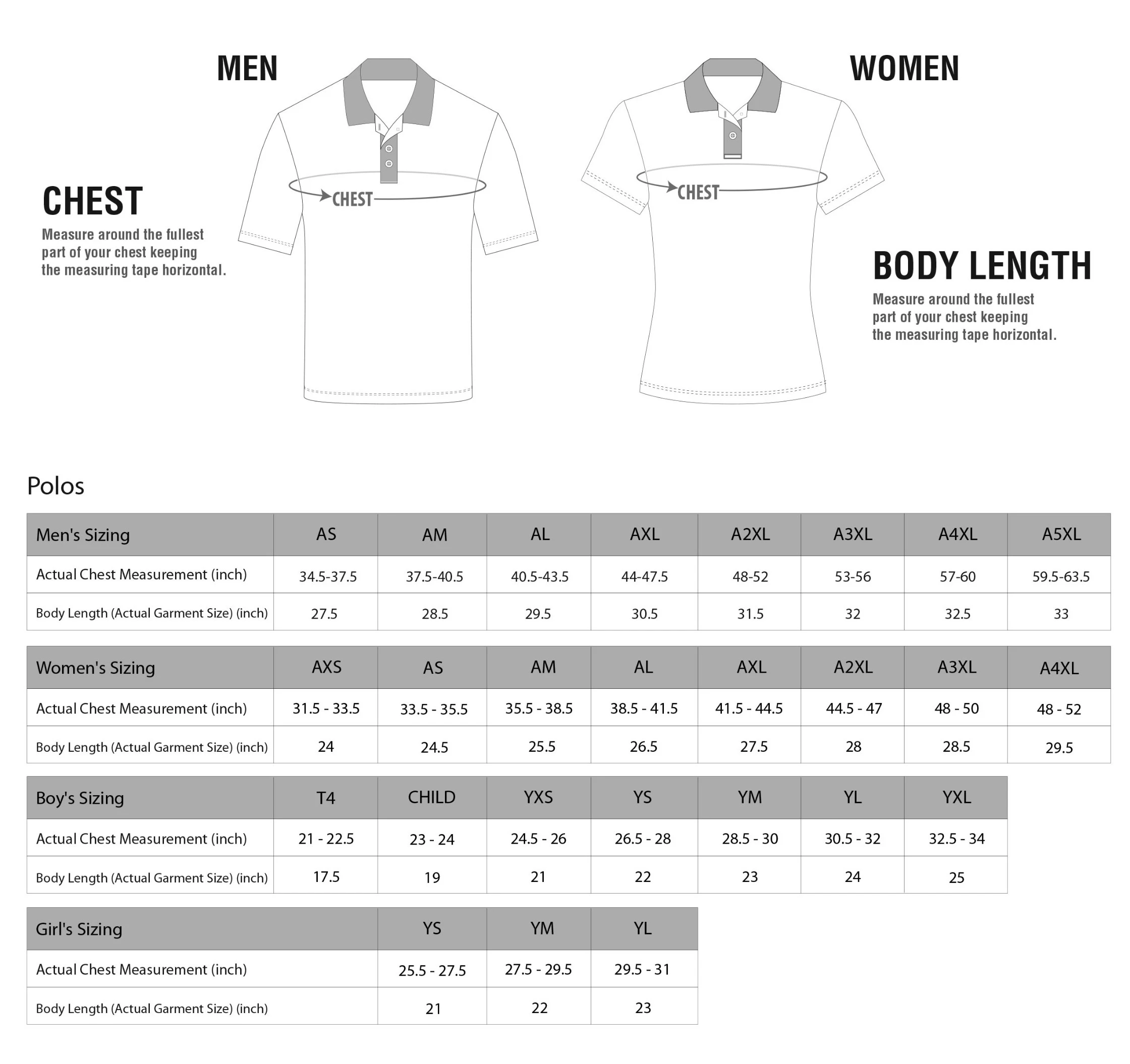img Size Chart Apparel Polos