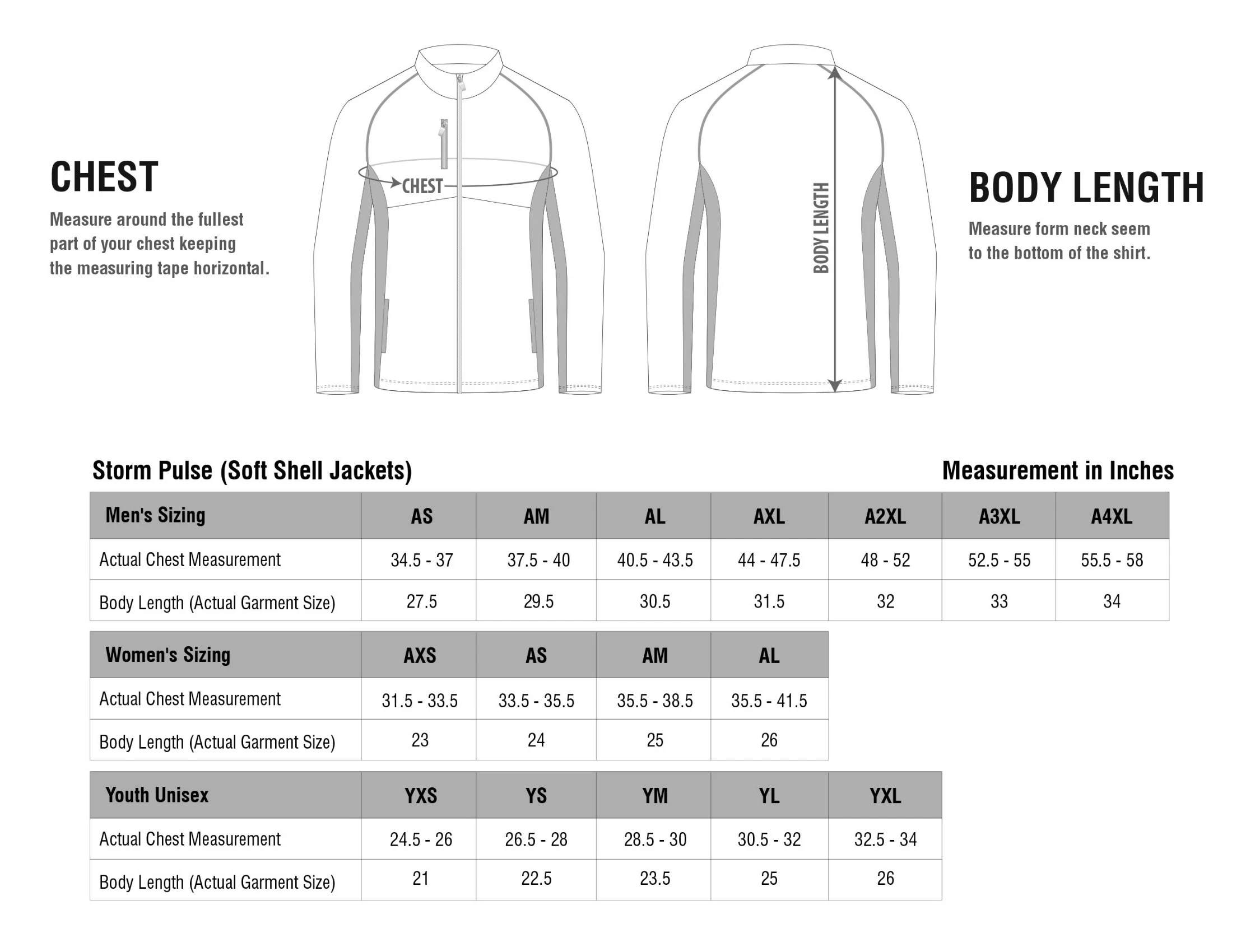 img Size Chart Apparel Soft Shell Jackets