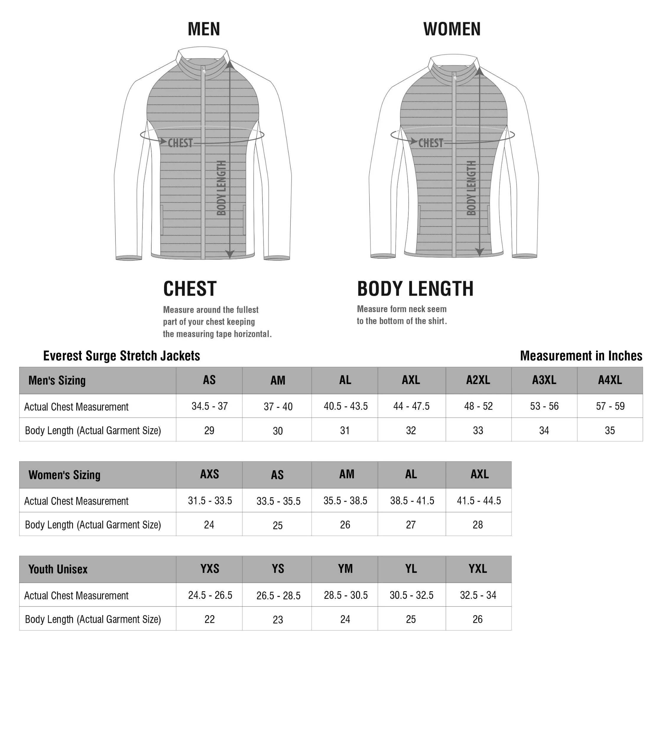 img Size Chart Apparel Surge & Surge Stretch Jackets