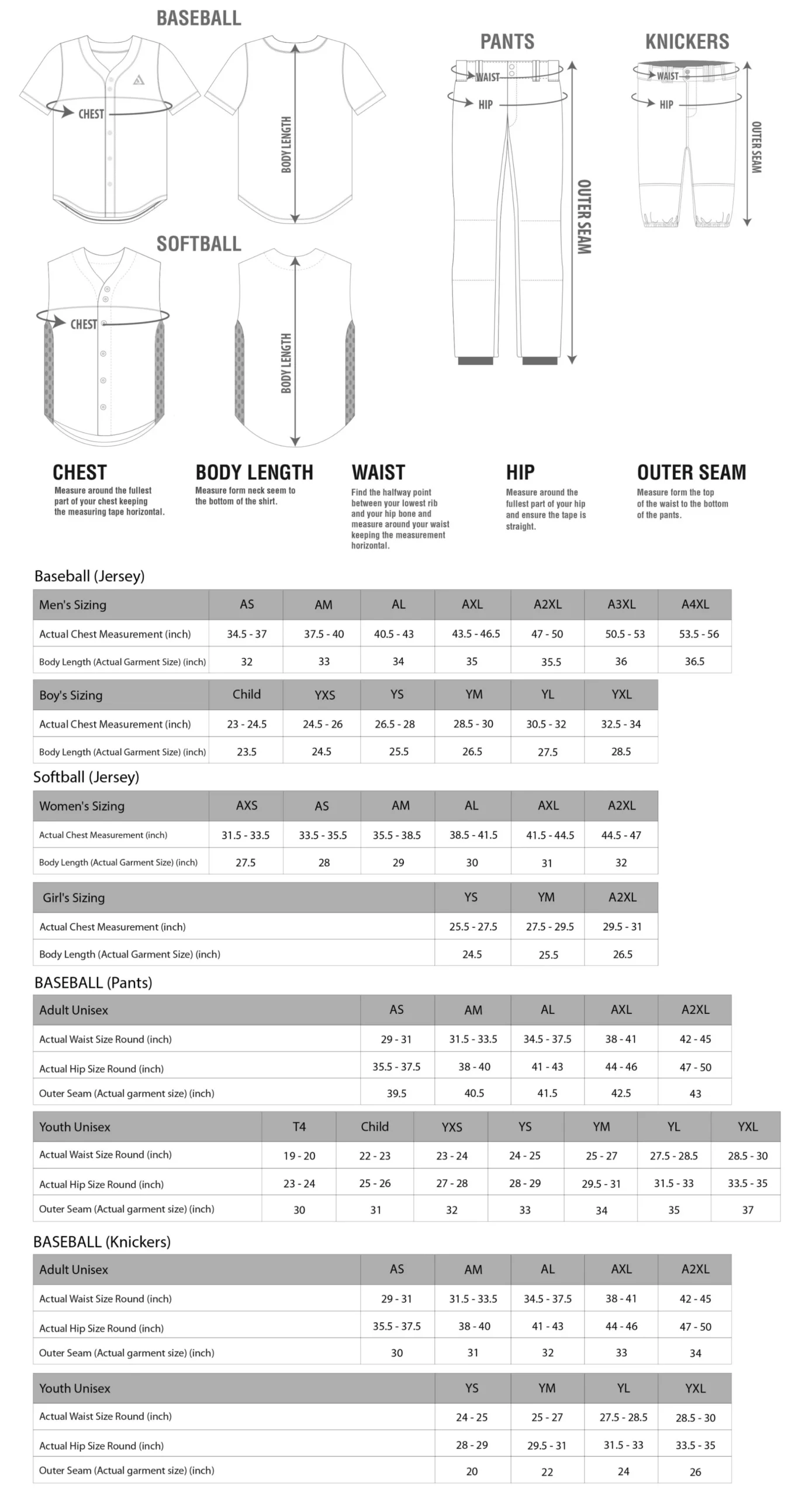img Size Chart Sports Baseball