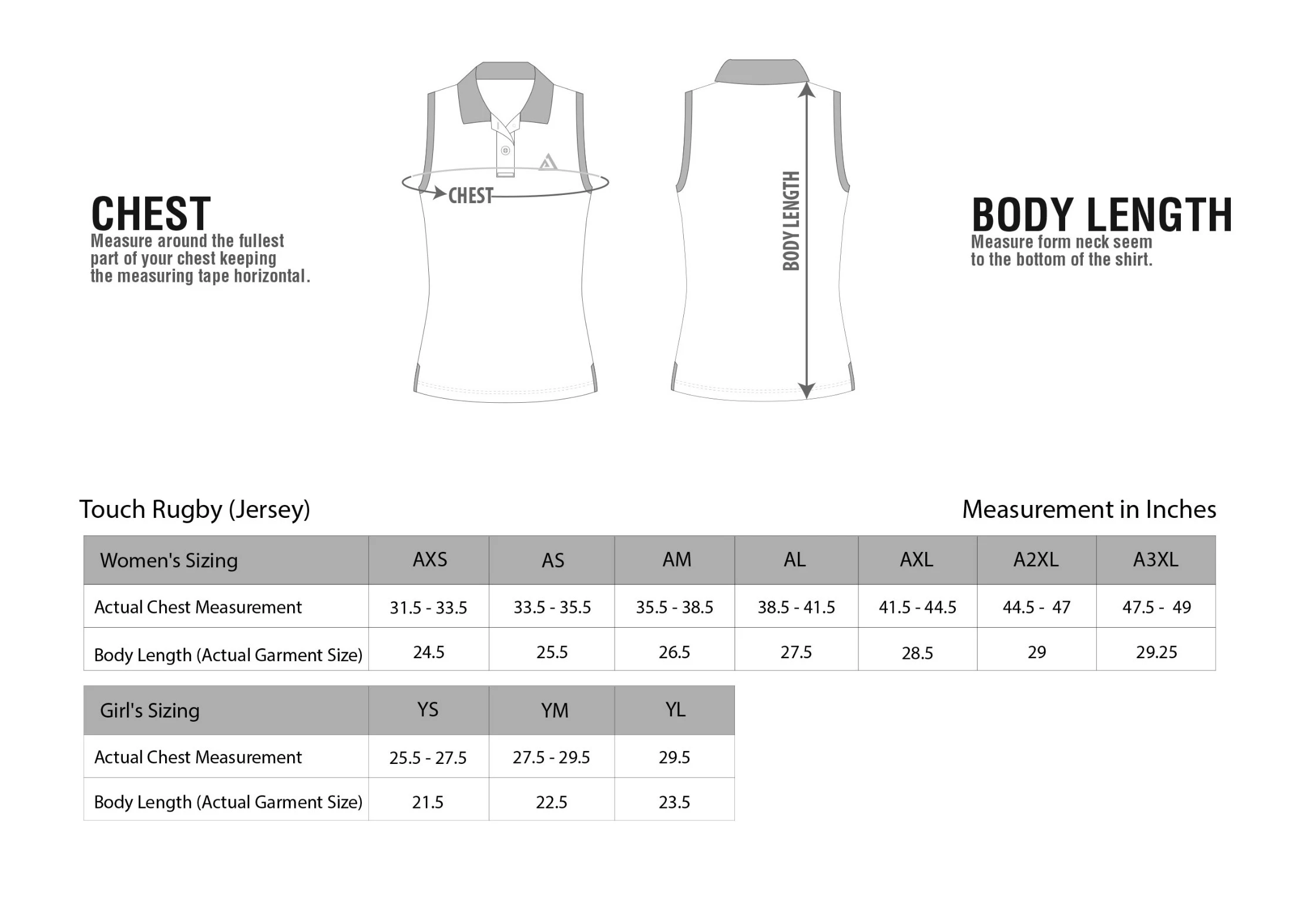 img Size Chart Sports Touch Rugby